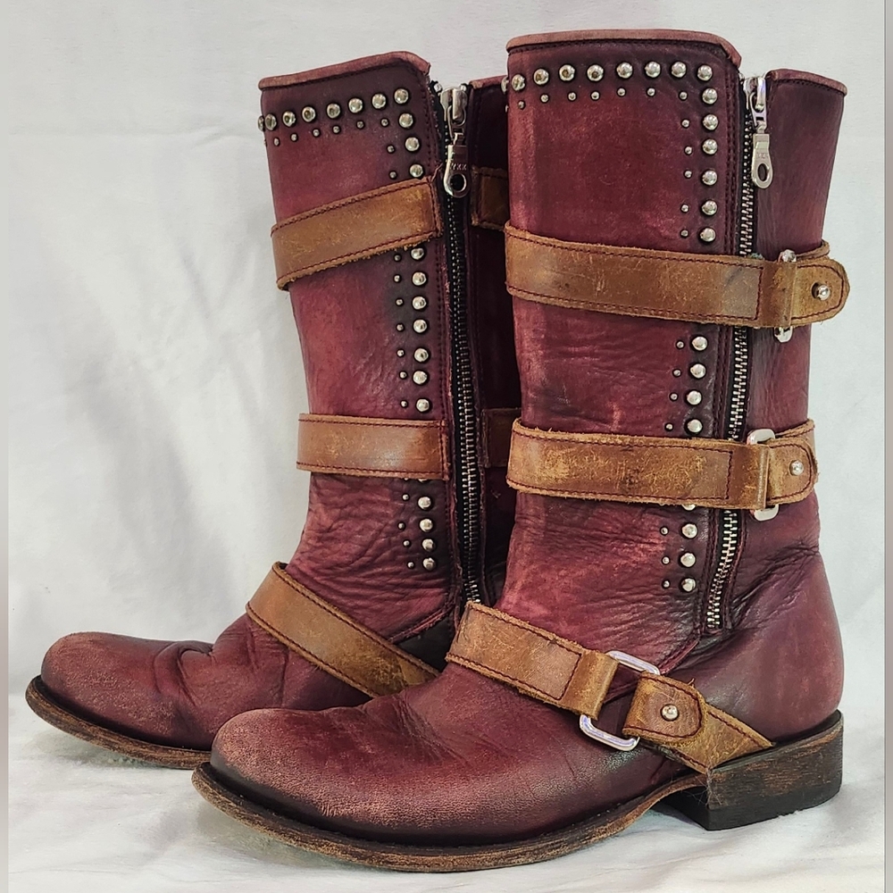 Corral Burgundy and Tan Studded Moto Boots